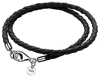 Viwind Lederarmband für Damen Geflochtenes Leder armband 34/36/38/40/42/60/63cm 925er Silber Verschluss Doppelschicht DIY Perlen Charms (36cm, Schwarz)