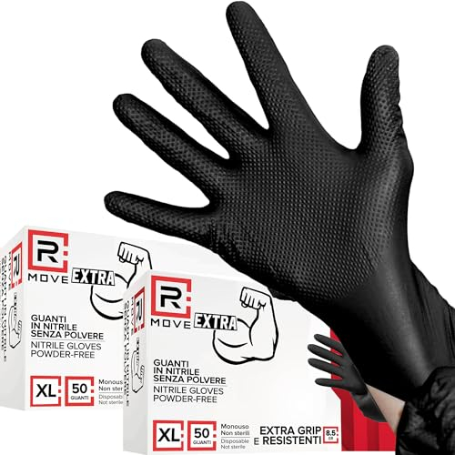 R MOVE 50+50 Guanti in nitrile Diamond 8,5 gr. +140% di SPESSORE rispetto al 3,5 gr Guanti antiscivolo, Grip su tutto il palmo per una perfetta presa, Guanti da lavoro antiscivolo (XL (10), Nero)