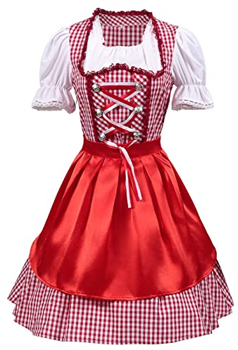 Dirndl Damen Midi - Trachtenkleid 2 Teilig Dirndlkleid Trachten Kleid + Dirndlbluse Rot Kariert Dirndel Trachtenmode Dirndelkleider Dirndl & Dirndl-Sets für Frauen Mädchen Oktoberfest