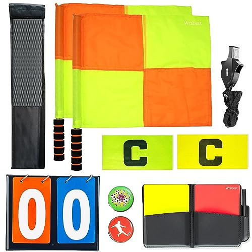 Fußball-Schiedsrichterflaggen-Set, Schiedsrichter-Zubehör-Set, 8-teiliges Schiedsrichter-Toolkit inklusive Linesman-Flaggen, Kapitän-Armband, Schiedsrichterpfeife, Wurfmünze und gelbe Karten mit