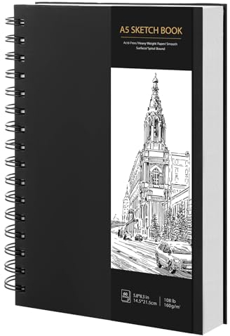 Skizzenbuch A5, Sketchbook 200g/m² Zeichenblock Weißes Blanko Papier Spiralgebundener Malblock zum Skizzieren Illustration Zeichenen (60 Blatt/120 Seiten)
