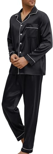 Heersan Pigiami Due Pezzi da Uomo Pigiama Raso con Bottoni Set Pigiama Top a Maniche Lunghe con Tasche, Pantaloni Pigiama Uomo Classic Loungewear