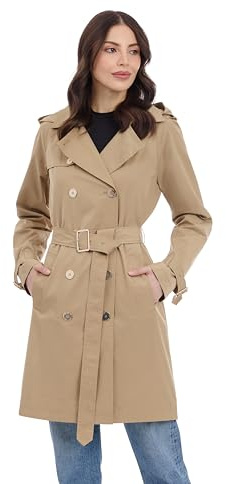 Michael Kors Women's Double Button Trench Coat with Belt and Detachable Hood, Khaki, Medium