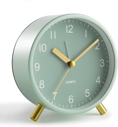 Diane Analogue Alarm Clock,Super Silent Non Ticking with Night Light, Battery Operated, Fashionable Round Metal Alarm Clock for Office, Bedroom, Elderly, Adults, Children, School Gift (Green)