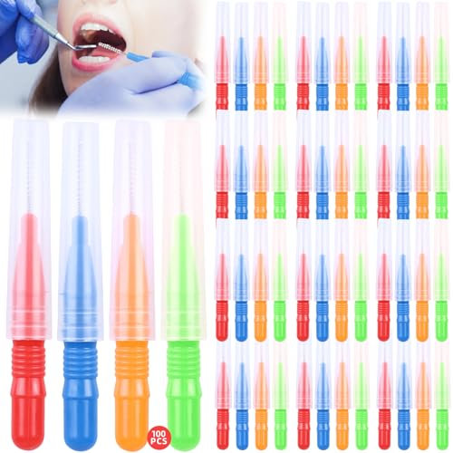 100 Stück Zahnzwischenraumbürsten, Interdentalbürsten Dentalbürsten Zwischenraum Zahnbürste Wiederverwendbar für Reinigung Zwischen den Zähnen Zahnreinigung Werkzeug (Rot Blau Hellgrün Orange)