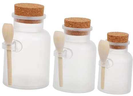 GRIRIW Set 3 Flaconi Portatili per Polvere da Bagno e Maschera Coperchio in Legno e Cucchiaio, Materiale Abs Leggero e Sigillatura Ermetica, per Cura Personale e Saloni di Bellezza