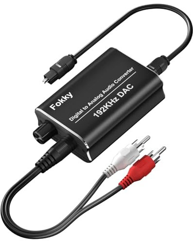 Fokky DA Wandler, 192kHz DAC Konverter Digital Analog Wandler, 1 m Cinch-Kabel für linken und rechten Kanal + Glasfaserkabel Digital to Analog Audio Converter für HDTV DVD Blu-ray Sky Spielekonsole