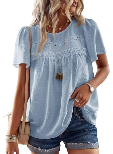 TUUHAW Women Tops Summer Round Neck Short Sleeve Shirts Flowy Crochet Boho | Dressy Casual Scoop Neck, Flowy Ruffle Sleeve Blouses, Elegant Summer, Basic Plain Loop, Bardot Hem Cute Shirts, Pleated Top