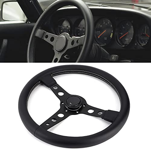 UPALDHOU Auto Racing Ratt Drift Ratt Sportratt 350mm 14in Universal 6-bult Svart Läder grå Sömmar med Aluminium Ekrar för de Flesta Fordon