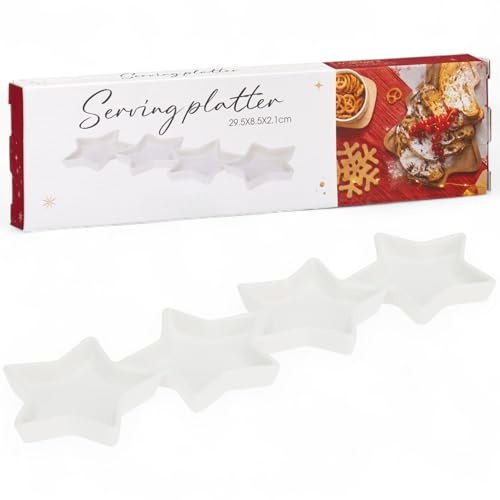 MIJOMA Servierplatte Weihnachten – weiße Porzellan-Snackplatte mit 4 verbundenen Sternen – Sternschale für Dips, Snacks & Plätzchen – 29,5×8,5 cm