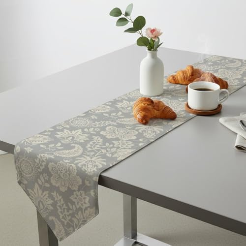 White Floral Leaves On Gray Table Runner Esater Table Runner Turner for Dining Spring Theme Kitchen Decor Spring Decorations for Office Home Kitchen Dining Holiday Decor 18 × 72 inch