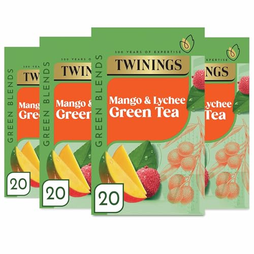Twinings Mango and Lychee Green Tea, 80 Tea Bags (Multipack of 4 x 20 Tea Bags)