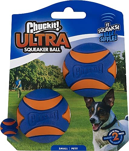 ChuckIt! Ultra Quietscher Hundeball, langlebiges schwimmendes Hundespielzeug aus Gummi mit hoher Sprungkraft, kompatibel mit kleinen Werfern, blau und orange, klein, 2 Stück