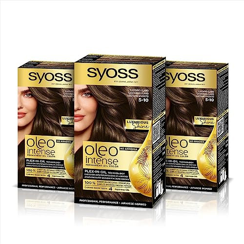 Syoss Oleo Intense - Tinte 5-10 Castaño Claro – Coloración permanente Sin Amoníaco – Cobertura profesional de canas – Resultados de peluquería (Pack De 3)