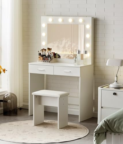 TUKAILAi White Dressing Table with LED Mirror and Stool, Adjustable Brightness, Compact Small Vanity Desk With 2 Drawers, Space Saving Makeup Desk For Bedroom Girls Women