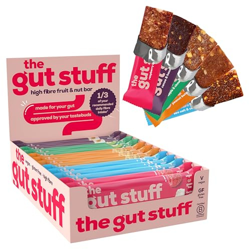 The Gut Stuff High Fibre Fruit & Nut Bars – Gut Friendly Snack, Gluten Free, Vegan, Low Calorie Healthy Snacks - 12 Bars - Mixed Flavours
