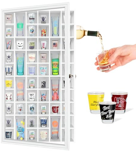 ILOT Shot Glass Display Cabinet Solid Wood - Large Display Case for Collectibles | Man Cave Accessories | UV Protection Acrylic Door | Wall Mounted Black Shadow Box | 52 Divided Slots | 32x17White