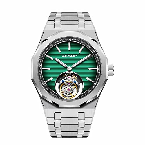 Aesop Uomo Tourbillon Orologi Tourbillon Vento a mano Uomini Orologi da polso Luminoso Zaffiro Impermeabile Lusso Business Watch per gli uomini 7057(Verde - Cinturino inossidabile)