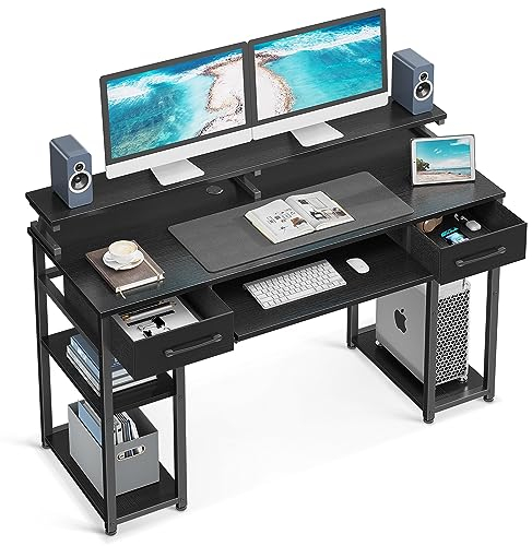 ODK Bureau avec 2 Tiroirs, Bureau Informatique avec Etagères de Rangement, Table de Bureau avec Support Clavier et Support écran pour Domicile (120x48x90cm, Noir)