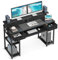 ODK Bureau avec 2 Tiroirs, Bureau Informatique avec Etagères de Rangement, Table de Bureau avec Support Clavier et Support écran pour Domicile (120x48x90cm, Noir)