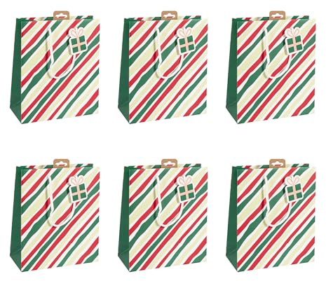Eurowrap - X-30882-3Cpack - Un lot de 6 sacs cadeaux Noël - Formats moyens 21,5x10,2x25,3cm - Rayures - Qualité supérieure, résistant :210g - idéal pour : livre, jeux, petits coffrets