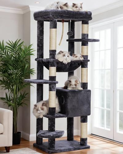 Heybly Arbre à Chat pour Gros Chats 20 lbs (9 kg) Résistant, Tour XXL 152 cm pour Chat d'Intérieur, Meuble Multi-Niveaux avec Plateforme en Peluche, Panier Doudou, Condo HCT050G