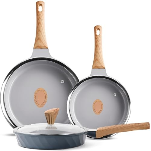 RIOVARM Induzione Set di padelle con coperchi Ceramica Antiaderente Set di pentole senza PFOA 20 cm 24 cm 28 cm Padelle per omelette con manici in bachelite a grana di legno Grigio e blu