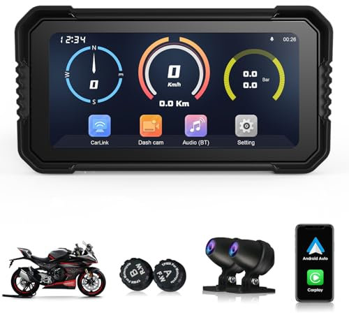 KooDux Schermo CarPlay per moto da 6,25'', CarPlay wireless e Android Auto per moto, con telecamere anteriori e posteriori, telecomando, TPMS, Bluetooth Trans, registrazione in loop, navigazione GPS