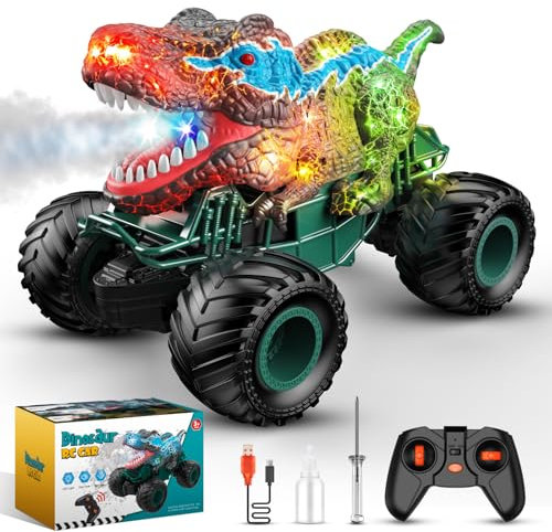 HappyGoLucky Ferngesteuertes Auto, 2.4GHz RC Auto mit Sprüheffekt, Licht, Dinosaurier-Soundeffekten, 4WD Crawler Monstertruck Spielzeug Kinder Ostergeschenke Geburtstags Geschenk Junge ab 3-12 Jahre