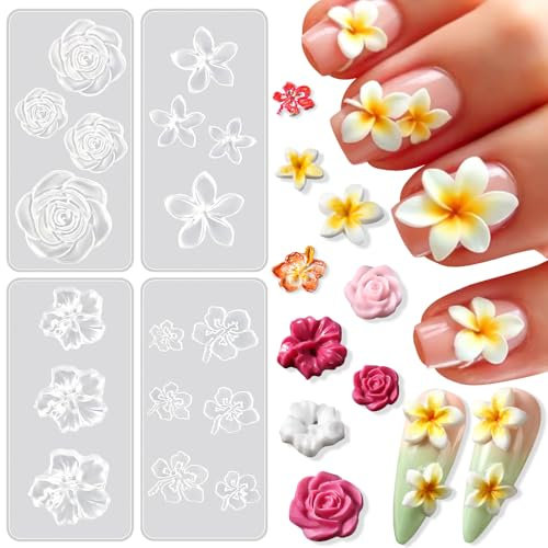 4pcs Silikonform Blumen Nail Charms Silikonformen Gießformen Blume Nagel Schablone 3D Gel Nail Art Silikon Formen Plumeria Kirschblüte Rose Petunie Nagelschablonen Nagelform Fower Silicone Nail Mold