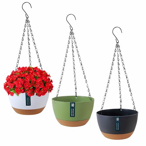 Exquilnova Lot de 3 pots de fleurs suspendus avec trous de drainage et soucoupes, support de plantes à suspendre pour intérieur et extérieur, panier suspendu pour plantes et fleurs (couleurs mélangées