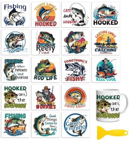 Peacoblue Fishing Rub On Transfers for Craft, Transfer Sticker | 18 Sheets UV DTF Transfers, Waterproof Rub On Decals for Wood, Glass, Furniture, Tumblers & Home Decor Crafts