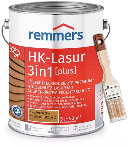 RemmersSet HK-Lasur 3in1 Plus + Pinsel Bandloo Set – Holzlasur für Außenbereich: Imprägnierung, Grundierung & Lasur in einem, Schutz vor Feuchtigkeit & UV-Strahlung, Varnish (Pinie/Lärche, 5 L)