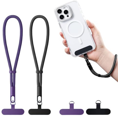 KIRZAX 2 PCS Cadena Corta Universal para Teléfono Móvil,Cordón de Correa de Muñeca,Cadena para Colgar en Mano,Longitud Ajustable para Teléfono Móvil Camara Teclas,Negro y Púrpura