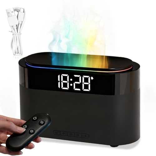 Humidificador de aire con despertador y mando a distancia, difusor de aceites esenciales con efecto llama, humidificador y difusor con luz nocturna LED y función temporizador para dormitorio, oficina