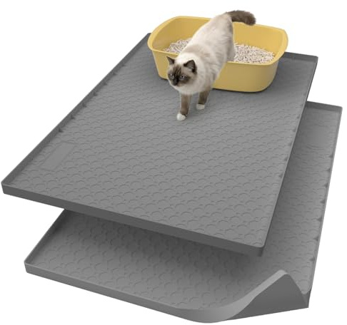 2 alfombrillas grandes de silicona para arena de gatos, 86,4 x 55,8 cm, alfombrilla para arena de gatos, antideslizante e impermeable, bordes elevados, color gris