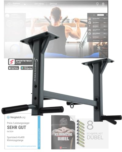 Sportstech KS400, 4in1 Klimmzugstange Decke, Pull Up Bar für Zuhause bis 300 kg, 6 rutschfeste Griffe, Klimmzugstange Deckenmontage mit Boxsack Halterung und Ösen für Schlingentrainer, Reckstange