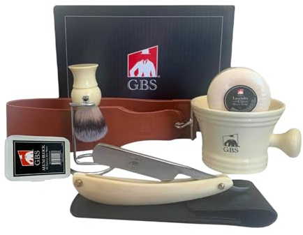 Gents Complete Straight Razor Shaving Kit for Men - 9 Piece Professional Barber Set with Shave Ready Razor, Leather Strop, Ceramic Mug, Brush Stand, Alum Block & Shaving Soap