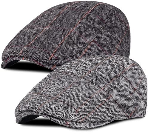 Senker 2 Pack Men's Classic Herringbone Tweed Wool Blend Flat Cap Ivy Gatsby Newsboy Cabbie Driving Hat,B-black/Grey,One Size