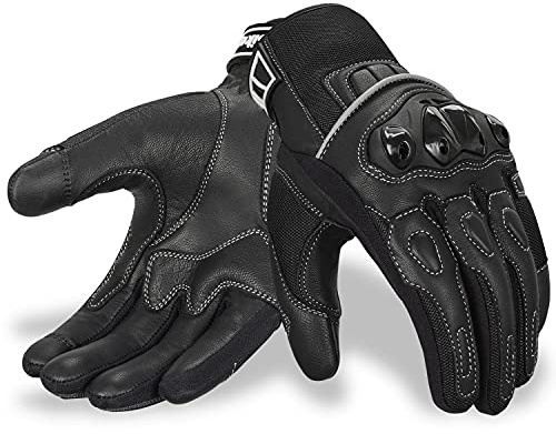 Oro Biker Motorbike Motorcycle Gloves, Premium Leather and Summer Mesh Hard Knuckle Touch Screen Motorbike Gloves Racing ATV Riding Gloves for Men (Large, Full Black)