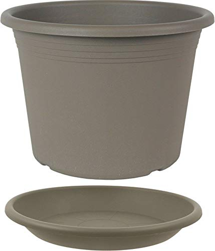 MePla - Blumentopf Pflanzkübel Cylindro ø50 cm + Untersetzer ø49 cm, Taupe, wetterfest aus UV-beständigem Kunststoff