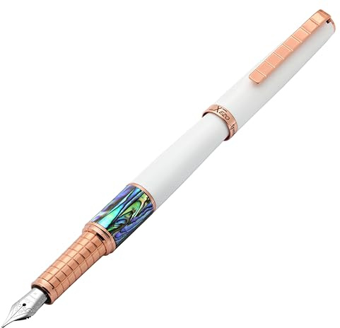 Xezo Speed Master Stylo plume, plume moyenne. Couleur blanc mat avec coquille de Pāua abalone. Plaqué or rose. Corps en laiton léger. Chaque pièce unique