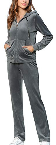 MessBebe Velour träningsoveraller för kvinnor set sweatsuit huvtröja topp och joggingbyxor vardag myskläder 2 delar, Mörkgrå-a, S