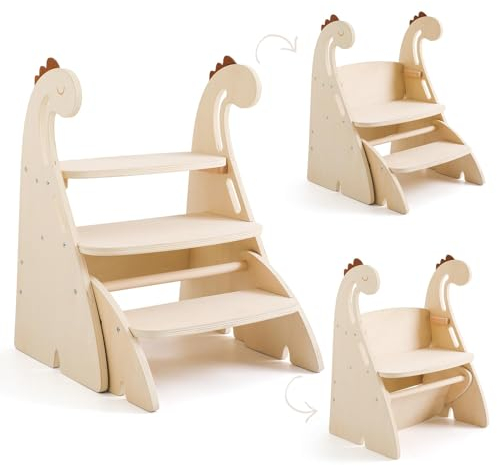 Promise Babe Lernturm Montessori 3 Stufe Holz Tritthocker Für Kinder,Dinosaurier Faltbarer Lernturm Gegen Wand Schrank Höhenverstellbar Kinderstuhl Holz Klappbar Tritthocker Montessori Möbel
