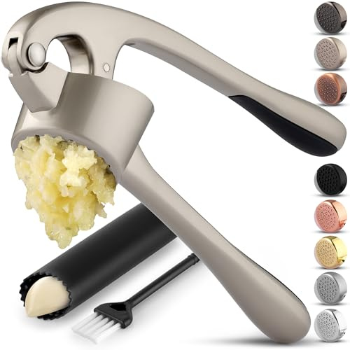 Zulay Kitchen Large Premium Garlic Press Set - Bigger Bowl for Bigger Garlic - Rust Proof Garlic Mincer Tool - Easy-Squeeze, Easy-Clean Silicone Garlic Peeler & Brush (Silver)