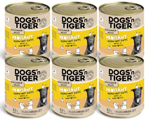 Dogs'n Tiger Vuxen hundmat, proviant, hundmat med kyckling, anka, äpple och potatis – utan spannmål, sockertillsats, konstgjorda konserveringsmedel, optimal tolerans, 6 x 800 g