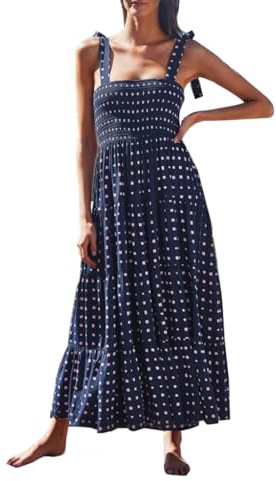 EIRUKON Femme Robe D'été Boho Floral Corset sans Manches Bretelles Spaghetti Chic Casual A-Line Robes Vacances Plage,Bleu Marine Point,XL