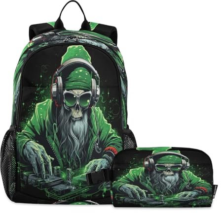 LINNIKEEEE Fantastico Dj Verde Natalizio Set Zaino per Studenti Borsa per Il Pranzo,Borsa Scuola Leggera Resistente per Ragazzi Ragazze