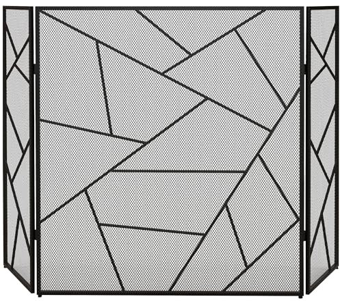 HOMCOM Pare feu cheminée Pliable 3 Panneaux, Pare-étincelles cheminée, Grille de Protection cheminée en Maille d'acier avec décor géométrique et Pieds antidérapants, 135l x 1,2P x 85H cm, Noir