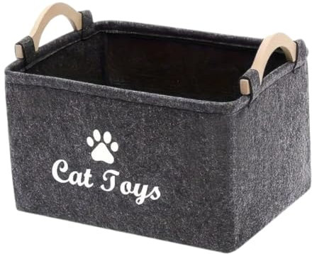 Cesta de juguetes para gatos, con asas de madera, cesta de almacenamiento plegable para artículos de mascotas, caja de almacenamiento de juguetes para gatitos, cesta de fieltro gris, gran capacidad de